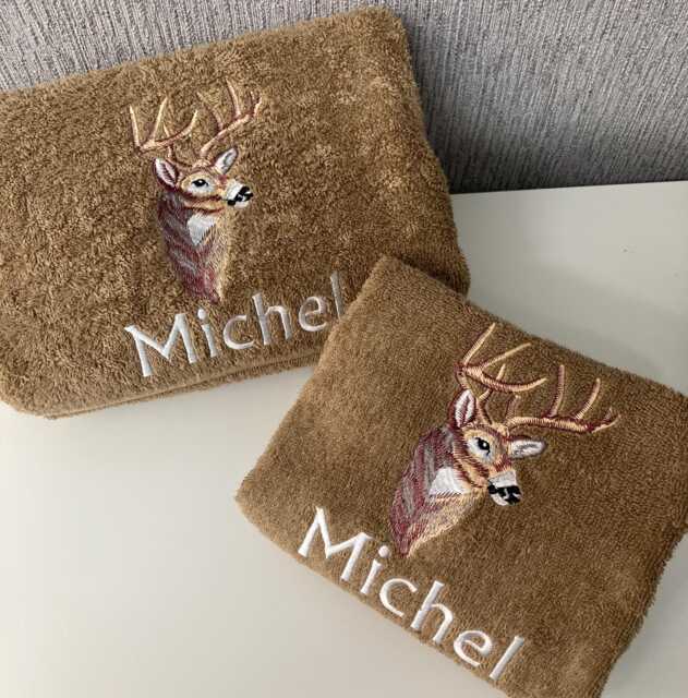 Personalised Embroidered Towels, Scottish Stag Design, 500 Gms All Sizes, Any Name - image 1