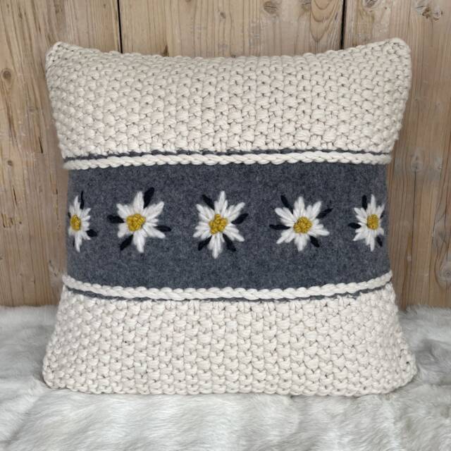 Handmade Alpaca Pillow Cover Edelweiss Embroidery, Alpine Decor - 20x20 - image 1