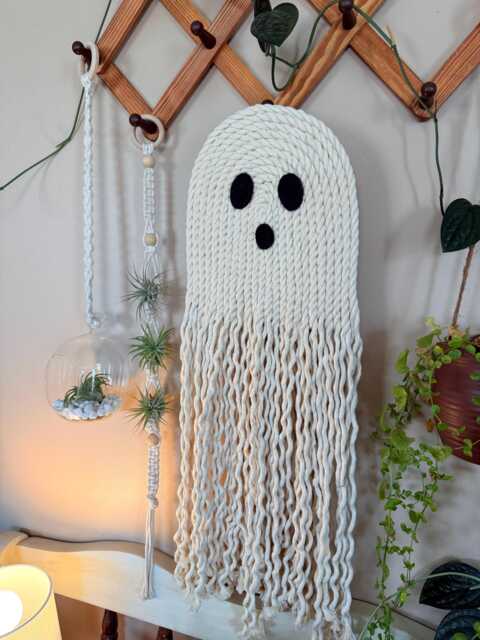 Macrame Ghost Wall Hanging - Halloween Art Trendy Decor Spooky Vibes Boho Season - image 1
