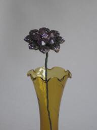 Vintage Marcasite Rhinestone Brooch Flower in Antique Amber Optic Glass Vase ~ Bejeweled Blooms Series Repurposed Upcycled Decor