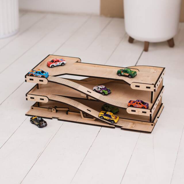 Toy Car Ramp, Parking Garage, Wooden Race Track, Match Box Display, Slide, Storage Shelf - image 1