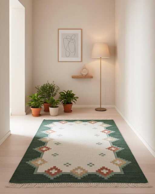 Handmade Swedish Kilim Rug Custom Scandinavian Green Wool Rug, Boho Minimalist Decor Bedroom Carpet - image 1