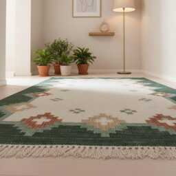 Handmade Swedish Kilim Rug Custom Scandinavian Green Wool Rug, Boho Minimalist Decor Bedroom Carpet - thumbnail 3