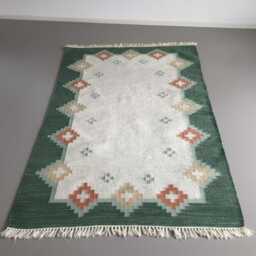 Handmade Swedish Kilim Rug Custom Scandinavian Green Wool Rug, Boho Minimalist Decor Bedroom Carpet - thumbnail 4