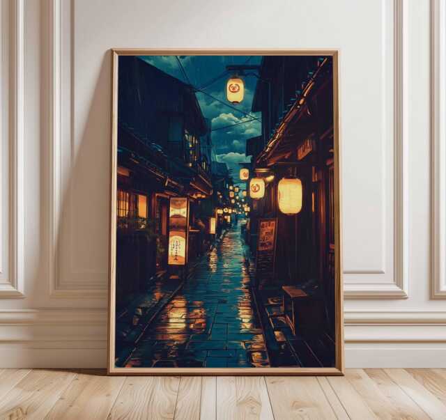 Japanese Street Art Print, Rainy Night Poster, Traditional Kyoto Wall Art, Modern Asian Decor, Lantern Alleyway Painting Print - image 1