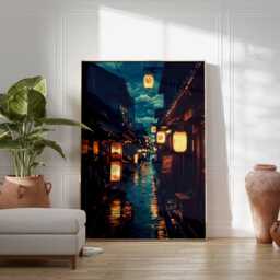 Japanese Street Art Print, Rainy Night Poster, Traditional Kyoto Wall Art, Modern Asian Decor, Lantern Alleyway Painting Print - thumbnail 2