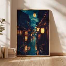 Japanese Street Art Print, Rainy Night Poster, Traditional Kyoto Wall Art, Modern Asian Decor, Lantern Alleyway Painting Print - thumbnail 3