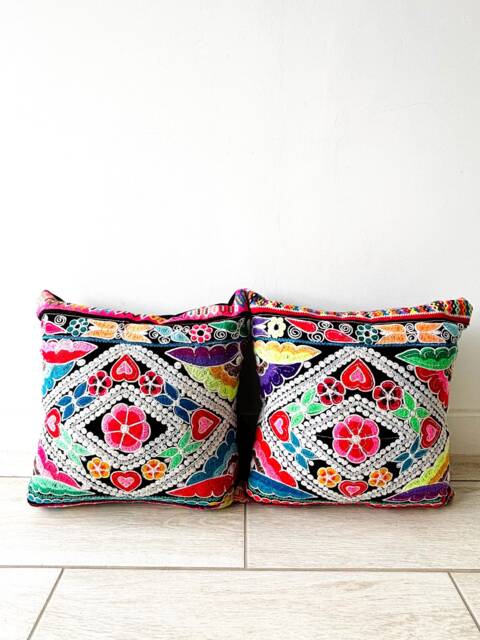 2 Throw Pillow Cushion Covers Made From Handmade Peruvian Upcycled Embroidered Pollera Fabric - Qr1 - image 1