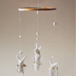 White Bunny Mobile, Nursery Baby Crib Light Grey Mobile - thumbnail 3