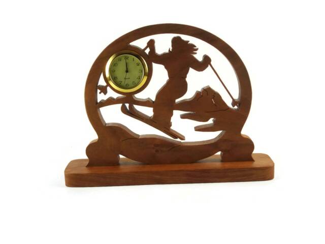 Handmade Cherry Wood Ski Scene Clock Desk Or Shelf Decor - image 1