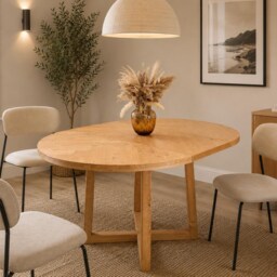 Extendable Round Dining Table, Herringbone Inlay, Wooden Legs - Rustic Style - thumbnail 3