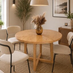Extendable Round Dining Table, Herringbone Inlay, Wooden Legs - Rustic Style - thumbnail 2