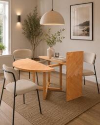 Extendable Round Dining Table, Herringbone Inlay, Wooden Legs - Rustic Style - thumbnail 1