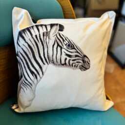 Zebra Stripe Linen Throw Cushion Mustard & Gray, Hand Printed - thumbnail 3