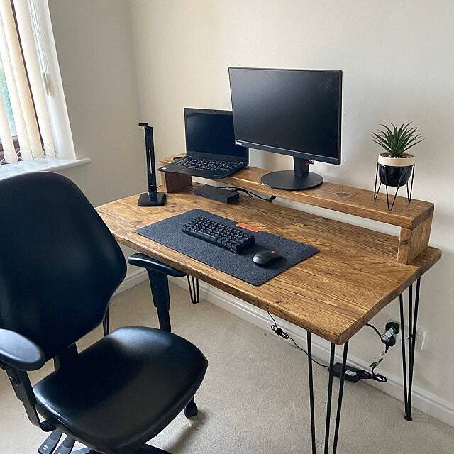 Rustic Computer Desk + Monitor Stand - Recycled Scaffold Board With Black Hairpin Legs - image 1