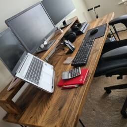 Rustic Computer Desk + Monitor Stand - Recycled Scaffold Board With Black Hairpin Legs - thumbnail 2