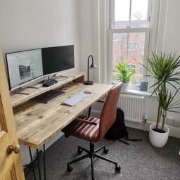 Rustic Computer Desk + Monitor Stand - Recycled Scaffold Board With Black Hairpin Legs - thumbnail 3
