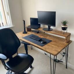 Rustic Computer Desk + Monitor Stand - Recycled Scaffold Board With Black Hairpin Legs
