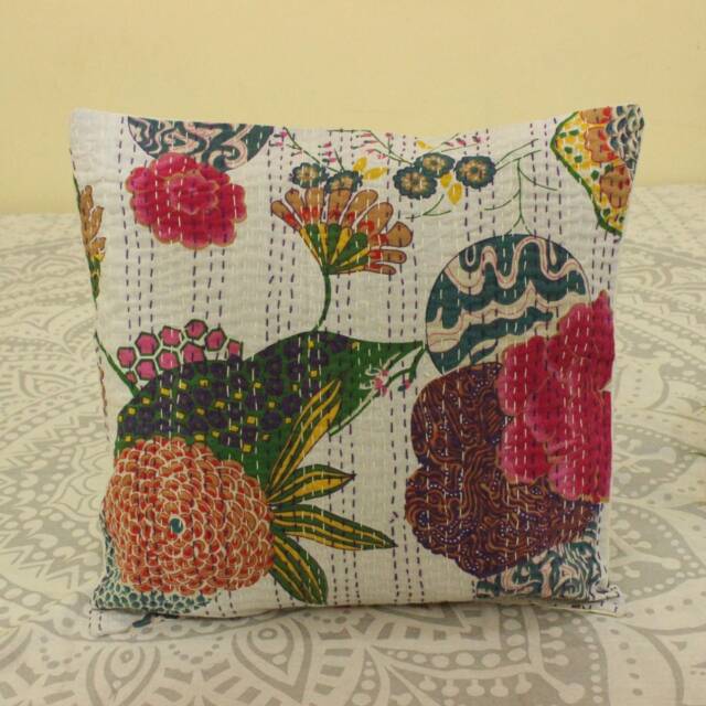 24x24 Floral Kantha Pillow Cover Handmade Cotton Boho Throw - image 1