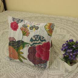 24x24 Floral Kantha Pillow Cover Handmade Cotton Boho Throw - thumbnail 3