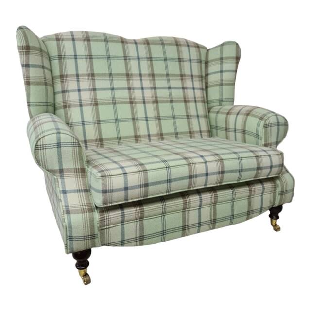 Wing Back Queen Anne Cottage 2 Seat Sofa -Balmoral Sage Green Tartan Fabric - image 1