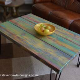 Wood Coffee Table Unique Hand Painted Multi Coloured Finish With 16 - thumbnail 3