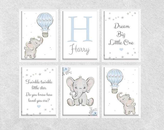 Baby Elephant Boys A4 Or A3 Nursery Set Of 6 Unframed Prints Grey Blue Animal Cloud Stars Balloon Dream Big Twinkle