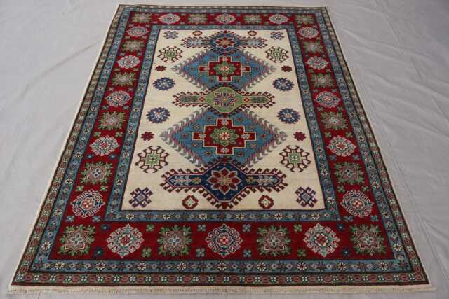 5x7 Afghan Geometric Rug, Traditional Kazak Area Natural Dyes Wool Hand Knotted Tribal Oriental Beige Blue Red Green, Bedroom - image 1