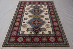 5x7 Afghan Geometric Rug, Traditional Kazak Area Natural Dyes Wool Hand Knotted Tribal Oriental Beige Blue Red Green, Bedroom - thumbnail 1