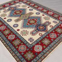 5x7 Afghan Geometric Rug, Traditional Kazak Area Natural Dyes Wool Hand Knotted Tribal Oriental Beige Blue Red Green, Bedroom - thumbnail 2