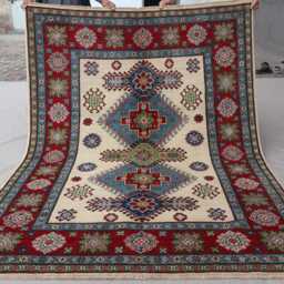 5x7 Afghan Geometric Rug, Traditional Kazak Area Natural Dyes Wool Hand Knotted Tribal Oriental Beige Blue Red Green, Bedroom - thumbnail 3