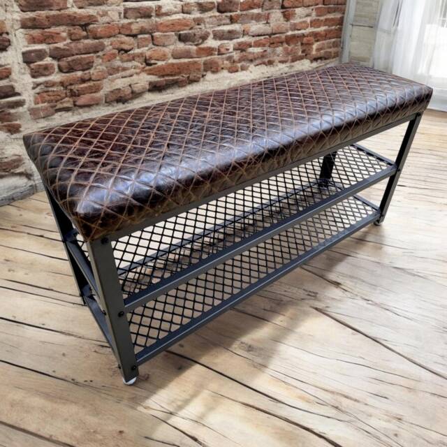 Steel Shoe Storage Bench Entryway With Diamond Stitched Leather - image 1
