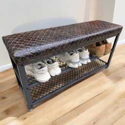 Steel Shoe Storage Bench Entryway With Diamond Stitched Leather - thumbnail 3
