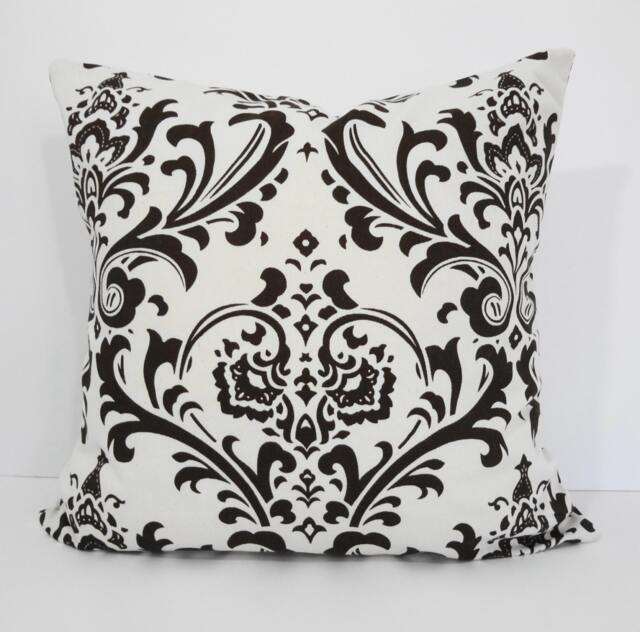 Chocolate Brown Damask Pillow Cover Cream Cotton Cushion - 18 X 18 - image 1