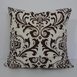 Chocolate Brown Damask Pillow Cover Cream Cotton Cushion - 18 X 18 - thumbnail 2