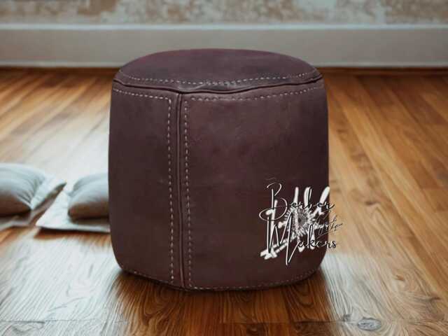 Handmade Round Moroccan Leather Pouf Ottoman - Genuine Stitched Pouffe Boho Footstool Decor Living Room Seating - image 1