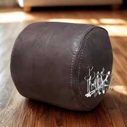 Handmade Round Moroccan Leather Pouf Ottoman - Genuine Stitched Pouffe Boho Footstool Decor Living Room Seating - thumbnail 3