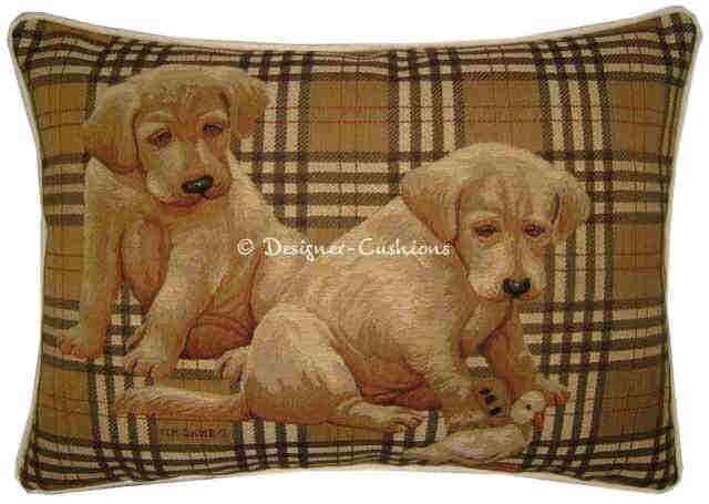 Labrador Puppies Check Oblong Tapestry Cushion Pillow Cover - image 1