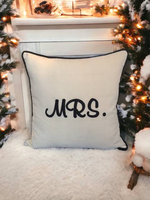 Light Beige Linen Fabric Embroidered Mrs Embroidery Letter Written Decorative Pillow Cover, Home Decor, Cushion, Living Room, Gifts For Her - image 1