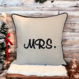 Light Beige Linen Fabric Embroidered Mrs Embroidery Letter Written Decorative Pillow Cover, Home Decor, Cushion, Living Room, Gifts For Her - thumbnail 3