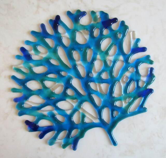 Fused Glass Coral Wall Decor, Blue Turquoise Sea Branching - image 1