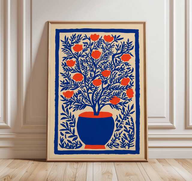 Bold Floral Wall Art Print, Modern Botanical Poster, Vibrant Plant Illustration, Contemporary Blue & Orange Artwork, Minimalist Home Decor - image 1