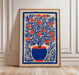 Bold Floral Wall Art Print, Modern Botanical Poster, Vibrant Plant Illustration, Contemporary Blue & Orange Artwork, Minimalist Home Decor - thumbnail 1