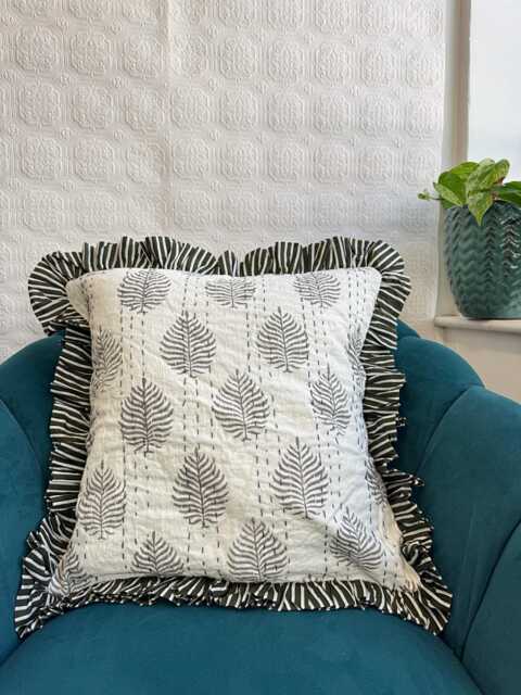 Quilted Kantha Stitch Cushion Pure Soft Cotton Cover - Gardenia Floral Home Decor Interiors Bed Bedroom Living Grey White Fern Stripe - image 1