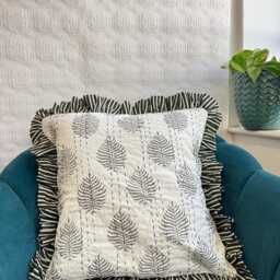 Quilted Kantha Stitch Cushion Pure Soft Cotton Cover - Gardenia Floral Home Decor Interiors Bed Bedroom Living Grey White Fern Stripe - thumbnail 3