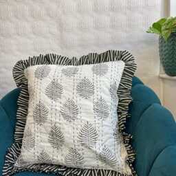 Quilted Kantha Stitch Cushion Pure Soft Cotton Cover - Gardenia Floral Home Decor Interiors Bed Bedroom Living Grey White Fern Stripe - thumbnail 2