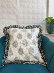 Quilted Kantha Stitch Cushion Pure Soft Cotton Cover - Gardenia Floral Home Decor Interiors Bed Bedroom Living Grey White Fern Stripe - thumbnail 1
