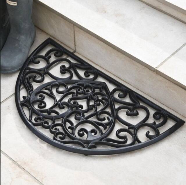 Iron Black Semi-Circle Doormat, Heart Scroll Design - image 1