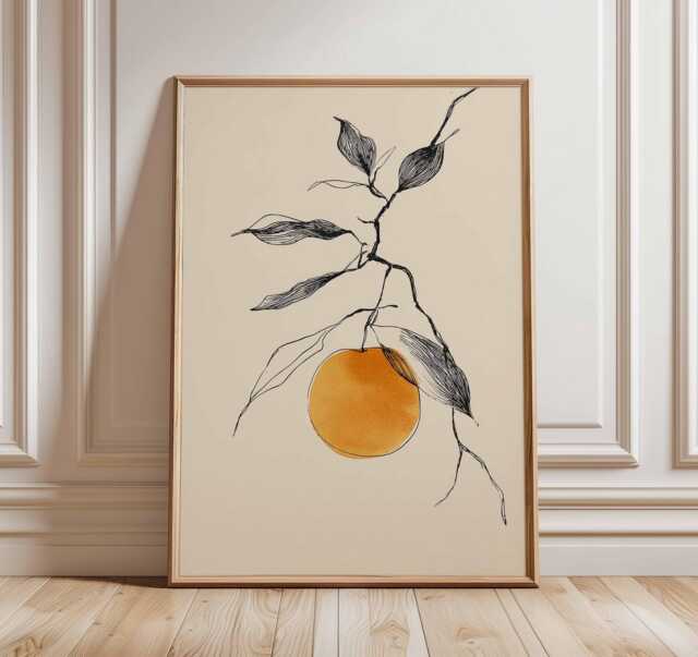 Minimalist Botanical Line Art Print, Modern Fruit Wall Art, Orange Illustration Poster, Scandinavian Kitchen Decor - image 1