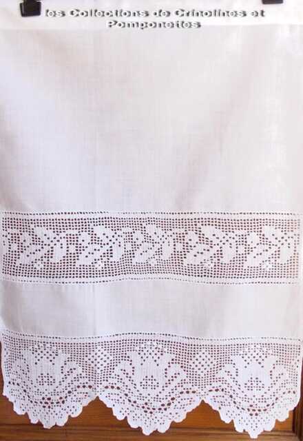 Hand-Embroidered Curtain With Border & Inset Bands, Handmade Crochet, 45cm X 60cm, White Lotus - image 1